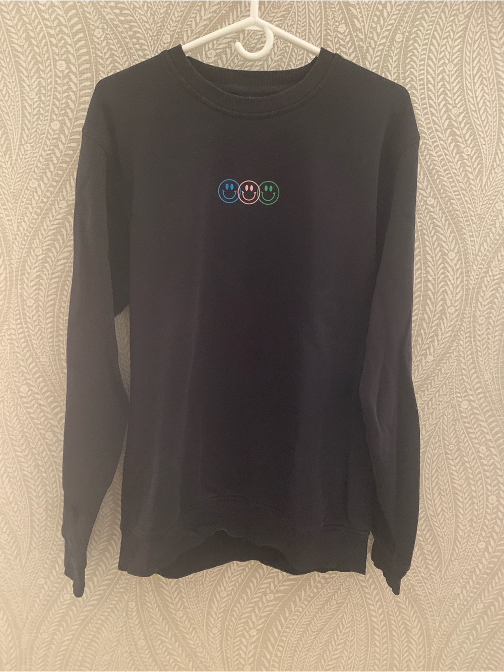 Black Crewneck Sweatshirt with Triple Smiley Motif